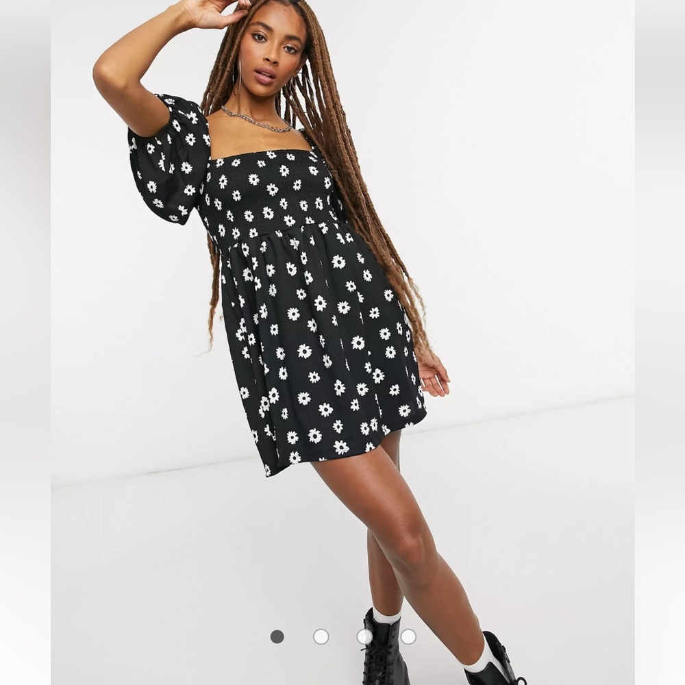 Bershka shirred puff sleeve mini floral dress in black
